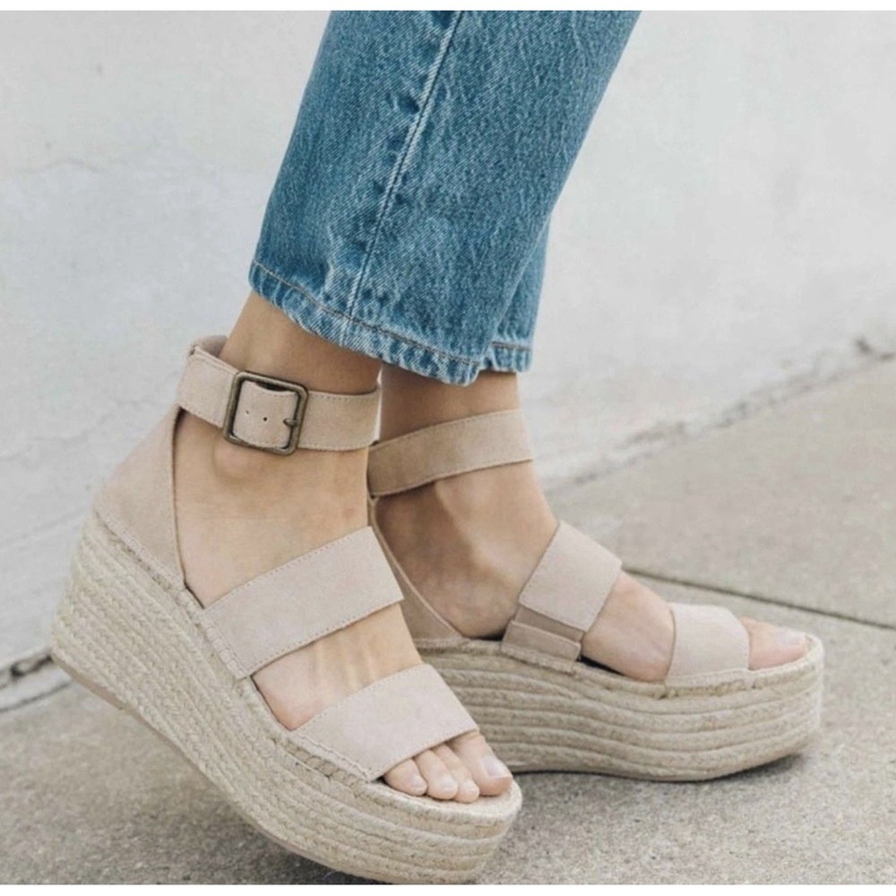 Soludos Palma Nude Beige Suede Leather Espadrille Platform Wedge Sandal Size 8.5